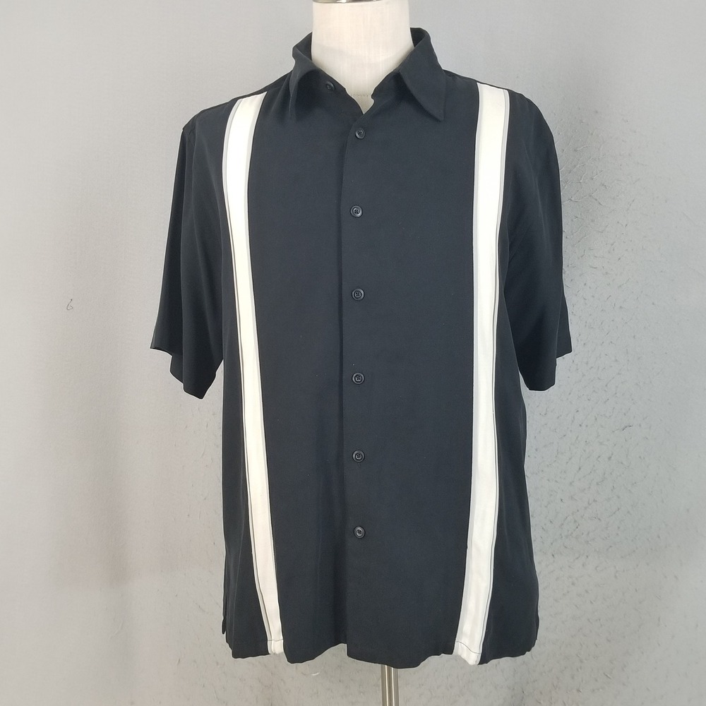 Vintage Silk Shirt Mens L Black Circa 1969 Bowling Racing Stripe 100% Silk Short